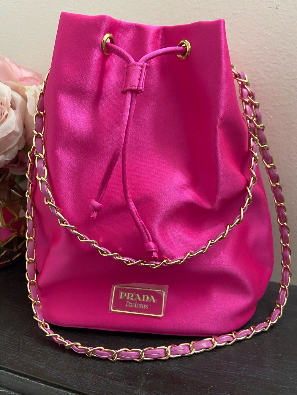Prada Candy Pink Satin Nylon Drawstring Bucket Bag w/Chain Strap